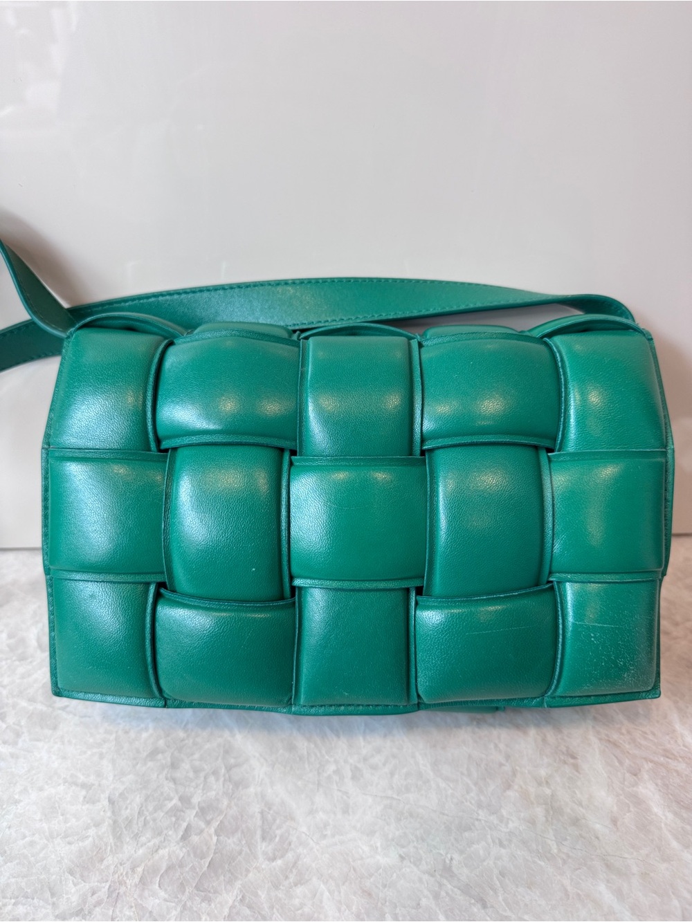 Bottega Veneta Padded Casette in ‘Racing Green’ Woven Leather Cross Body Bag